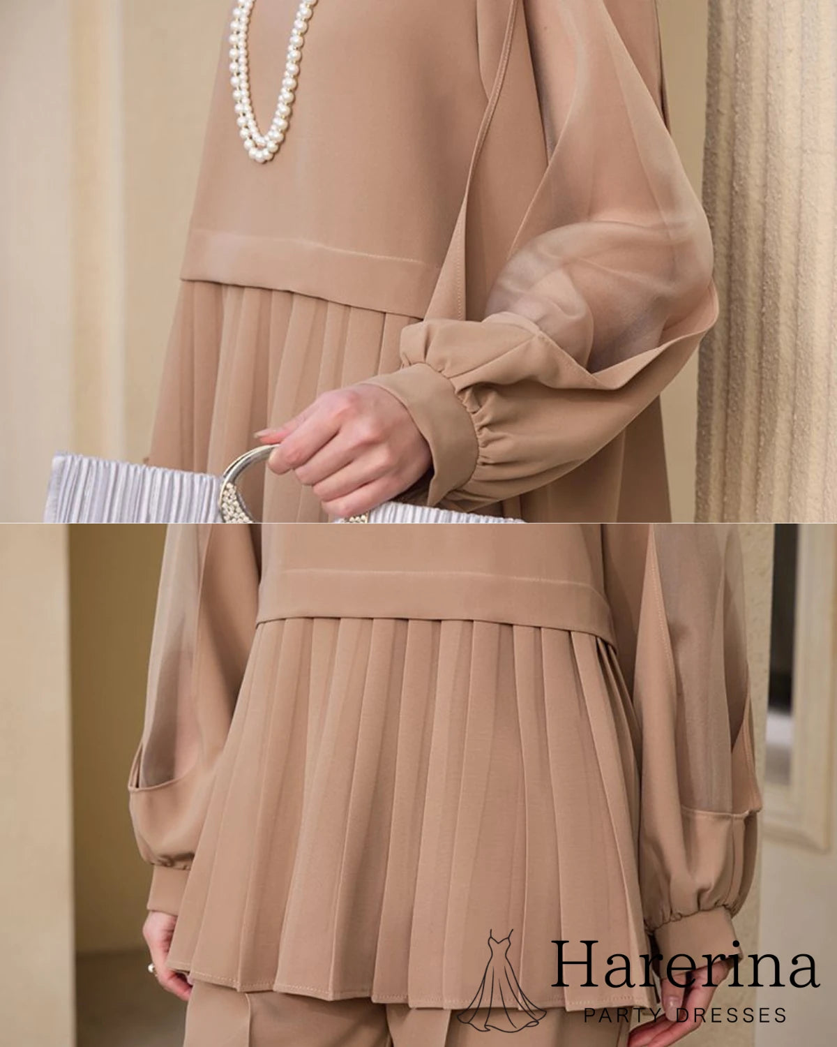 シアースリーブトップス×パンツセットのプリーツデザイン
