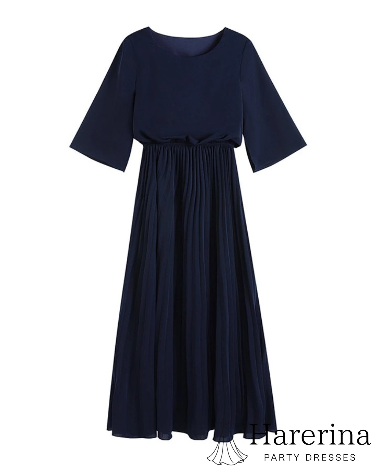 ネイビーのエレガントプリーツワンピースを正面から撮影した商品単体写真
