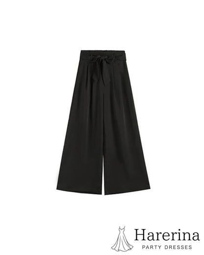 レース切替トップス×ワイドパンツのフォーマルセットアップのブラックパンツ単体デザインが分かる商品写真
