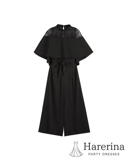 レース切替トップス×ワイドパンツのフォーマルセットアップのブラック全体デザインが分かる商品写真

