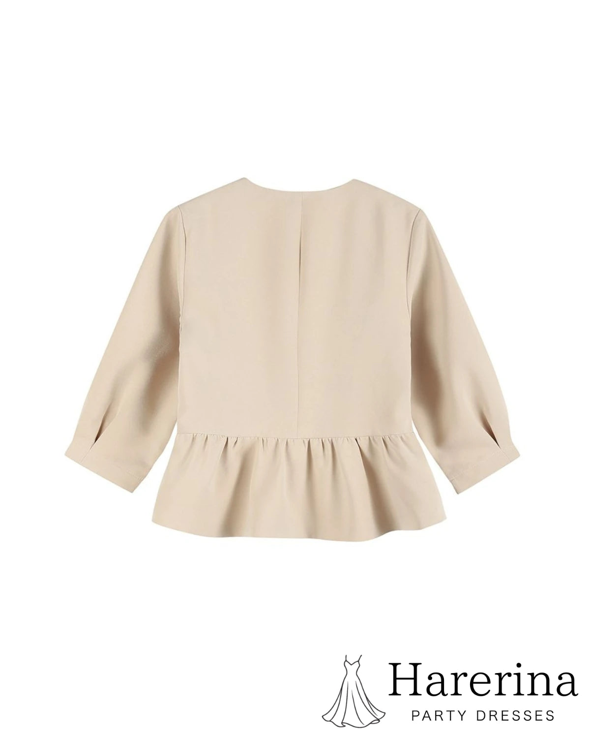 ペプラムシルエットが映える ノーカラーフォーマルジャケット ベージュ背面
