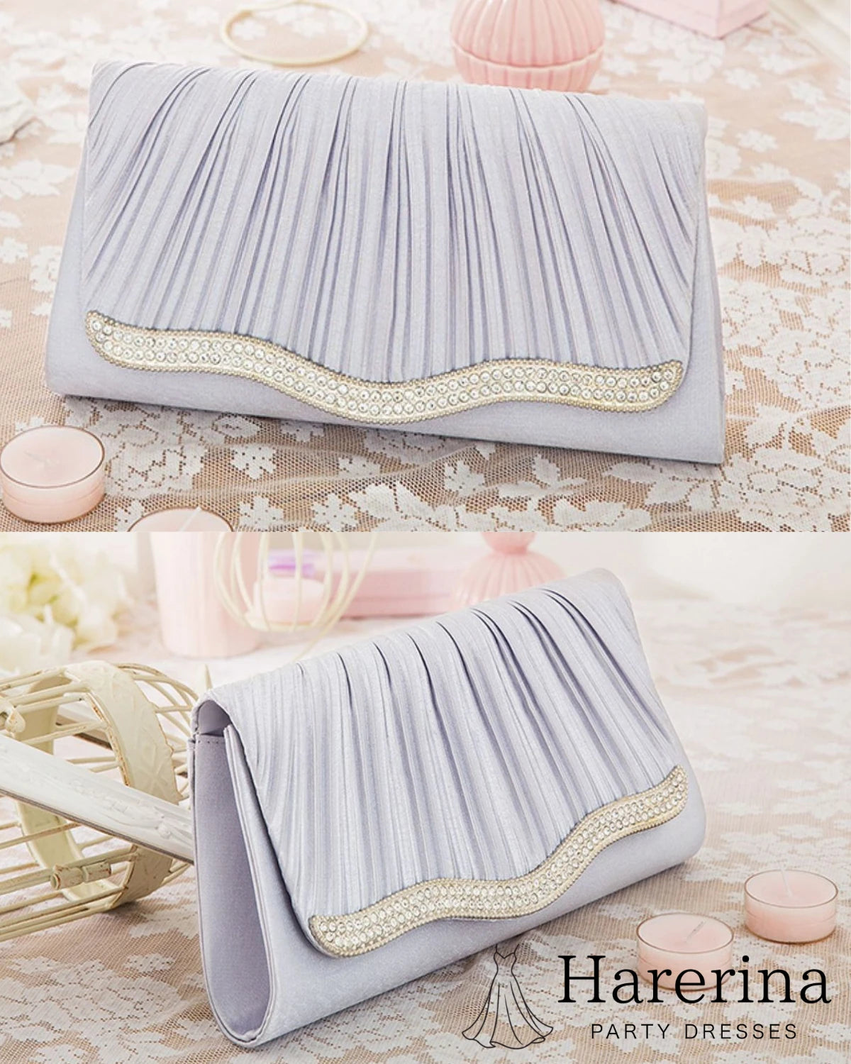シルバーのプリーツ×ビジュー2WAYパーティーバッグ。上品で結婚式におすすめ。
